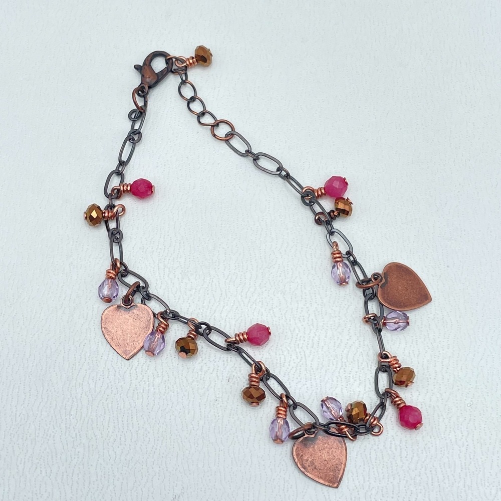Bohemian Copper-Tone Faceted Glass Beads Heart Charm Fringe Lobster Bracelet